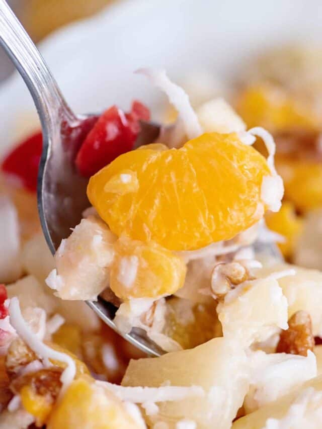 Forkful of Southern Ambrosia salad recipe.