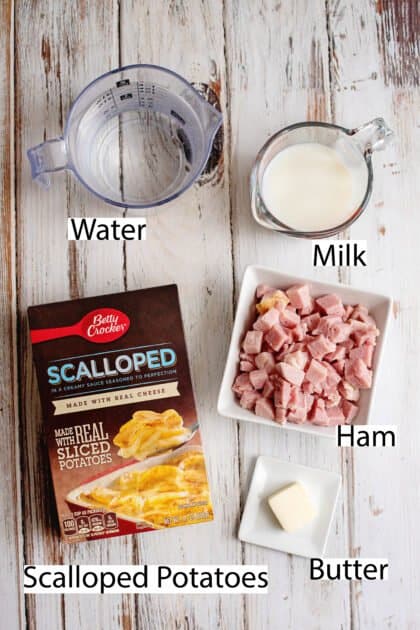 Labeled ingredients for ham and potato casserole.
