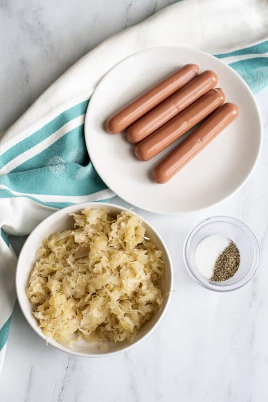 Ingredients for sauerkraut and weenies.