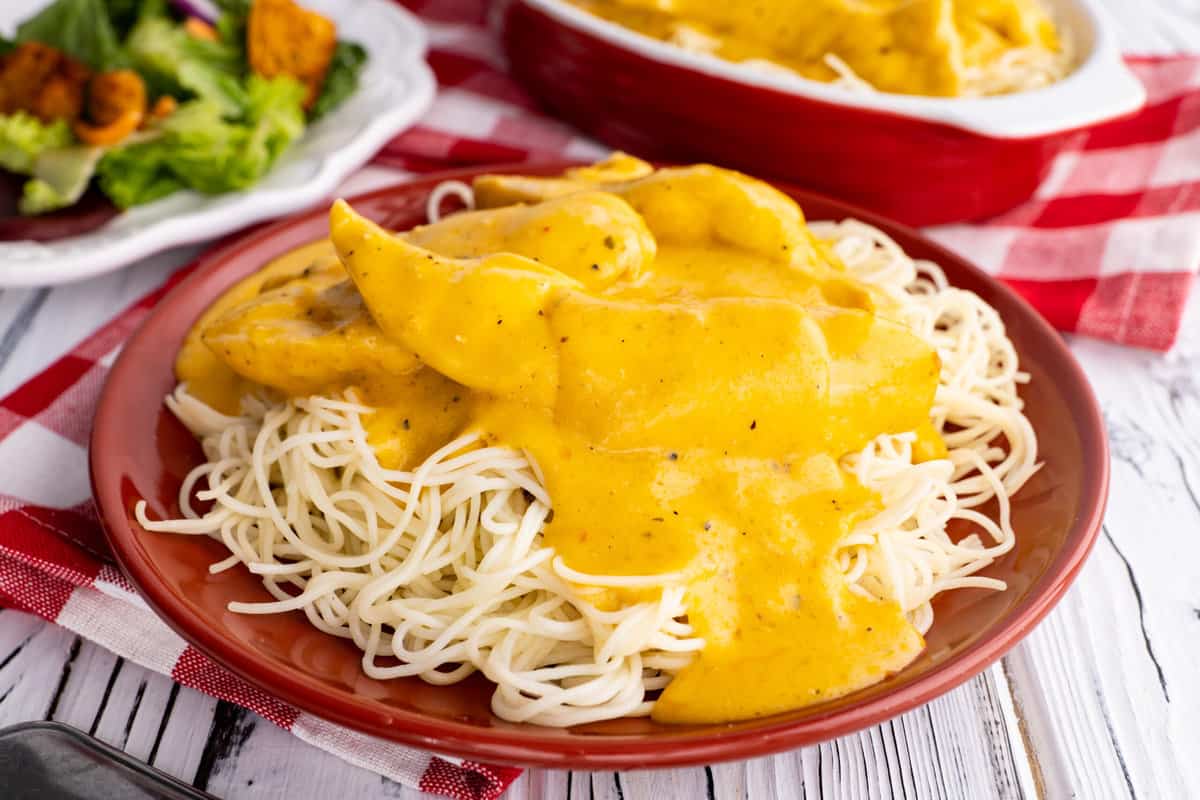 Plate of slow cooker angel chicken pasta.