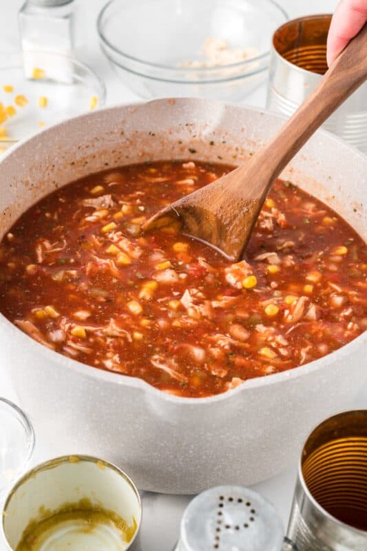 Stir chicken tortilla soup in saucepot.