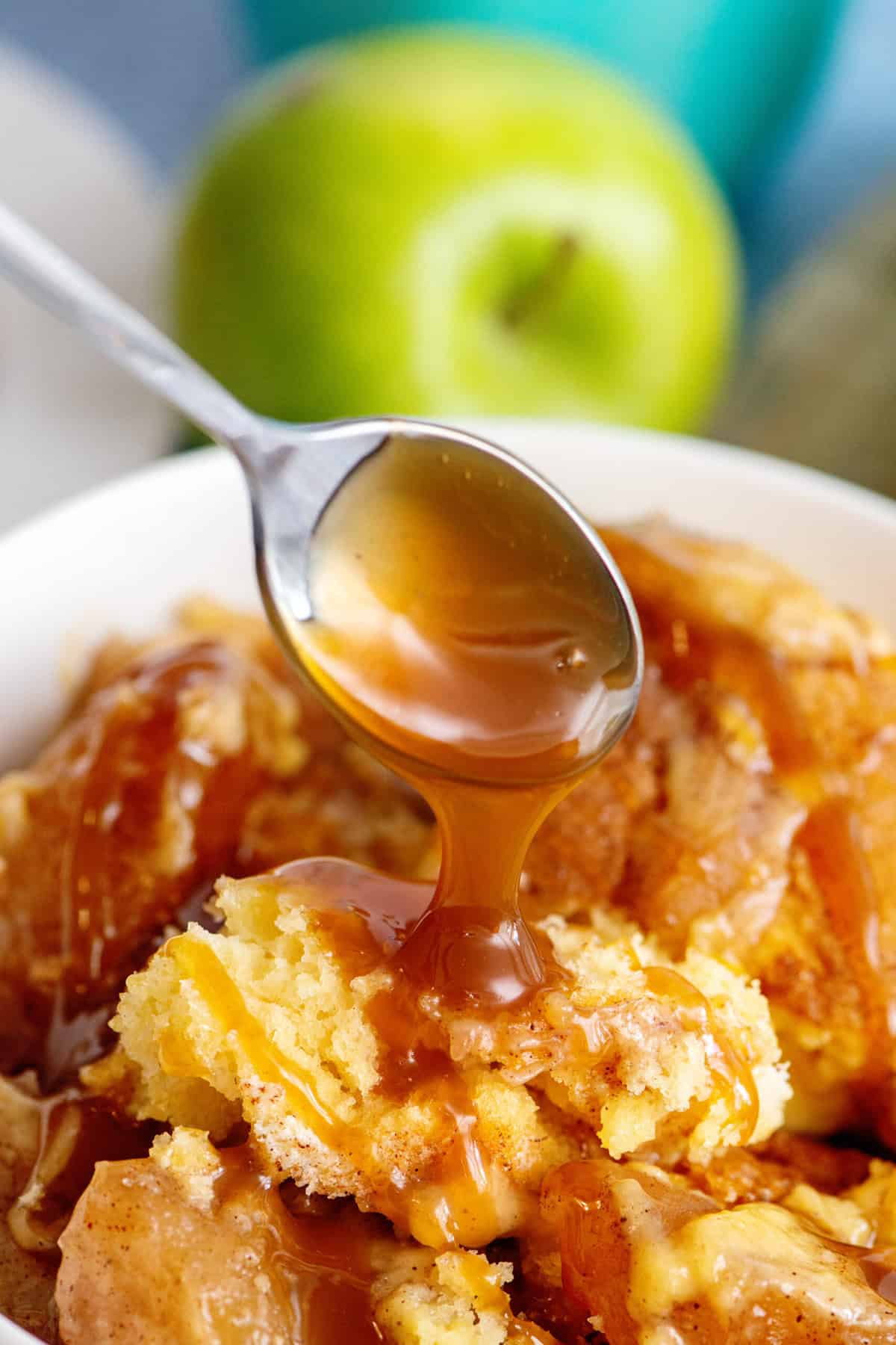 Caramel Apple Dump Cake with added caramel sauce