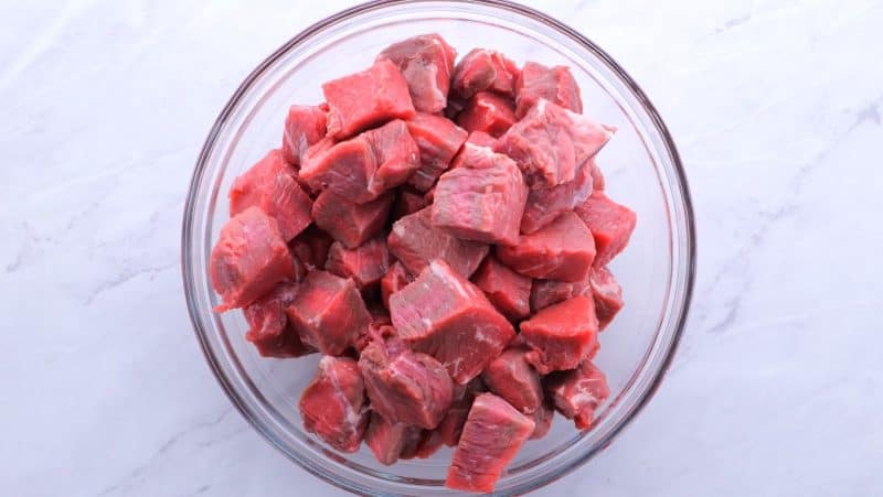 Top sirloin chunks in bowl for steak kabobs.
