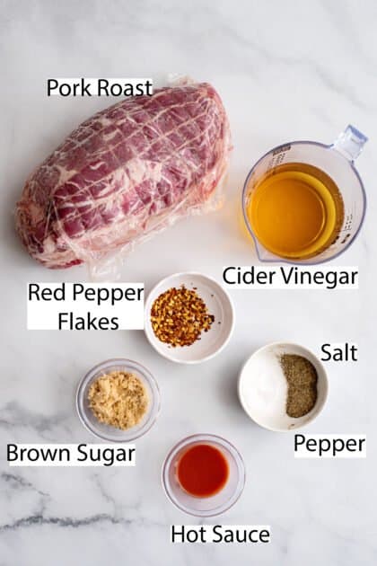 Labeled ingredients for crock pot pulled pork recipe.