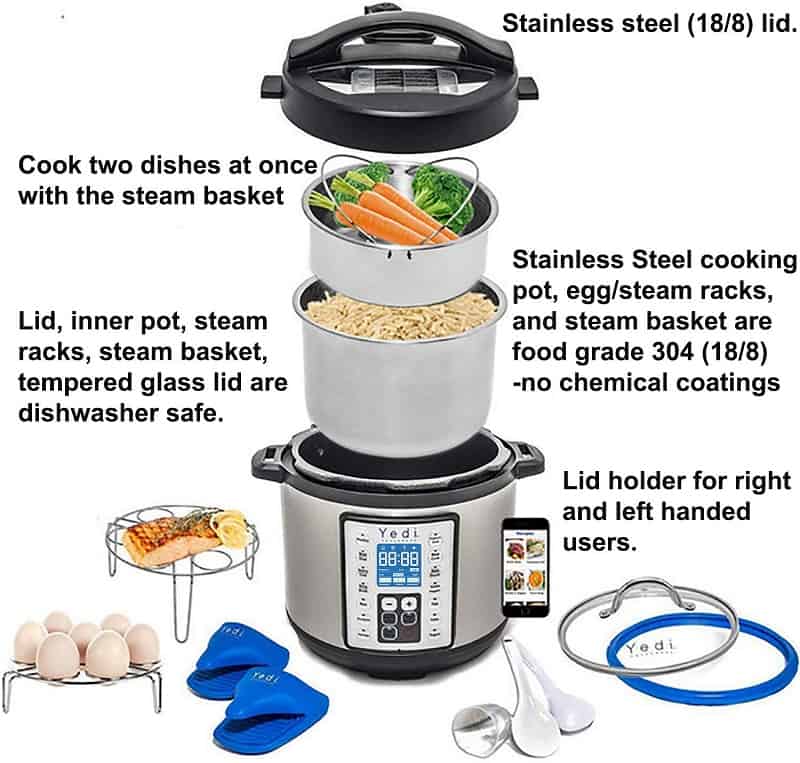  Yedi HOUSEWARE 9-in-1 Total Package Instant Programmable Pressure  Cooker, 6 Quart, Deluxe Accessory kit, Recipes, Pressure Cook, Slow Cook,  Rice Cooker, Yogurt Maker, Egg Cook, Sauté, Steamer, Stainless Steel: Home 
