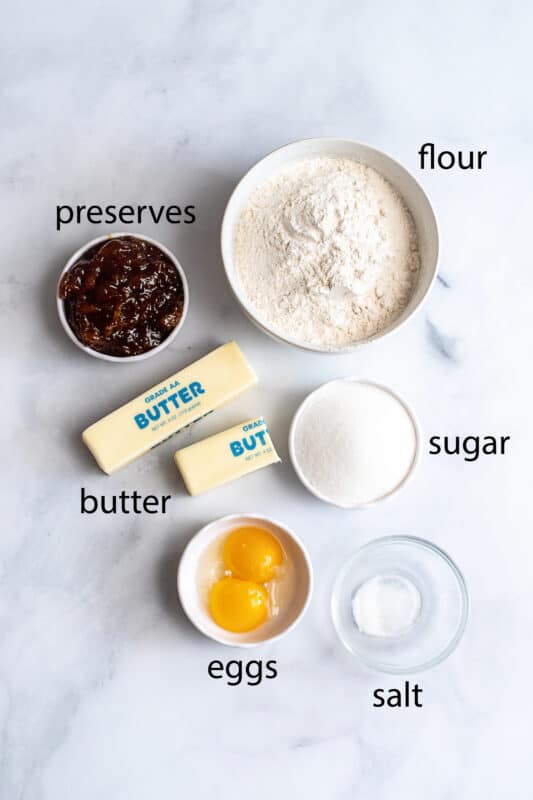 Recipe ingredients jam butter sugar eggs flour salt