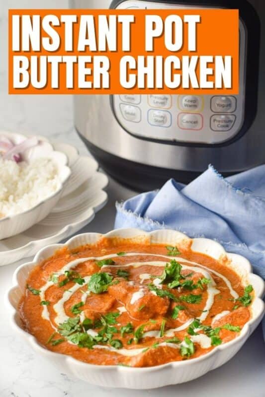 Butter Chicken  in a bowl with instant pot behind it 