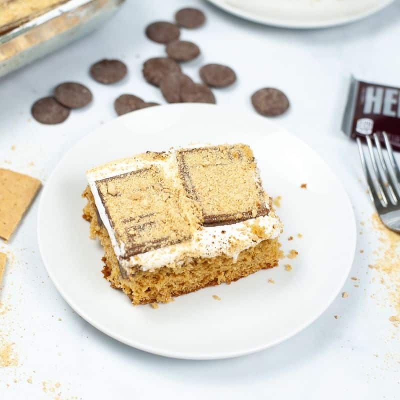 smores cake on a plate with chocolate behind it