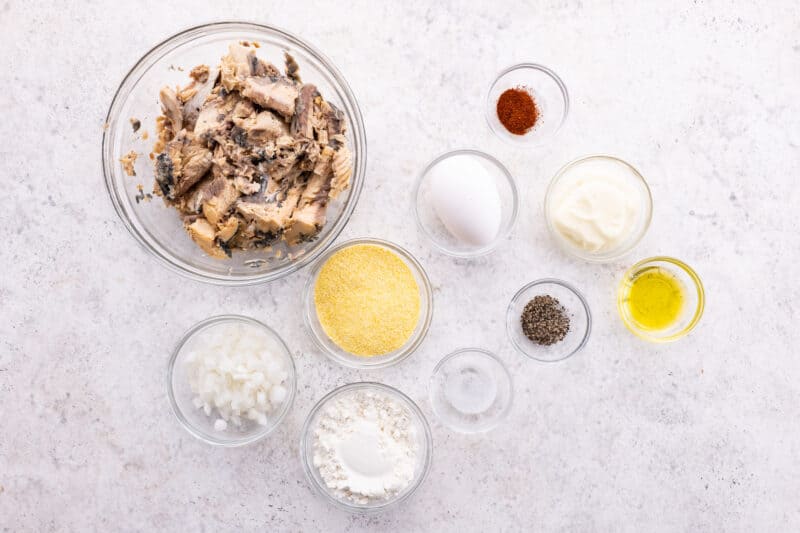 Flat lay of ingredients or southern salmon patties