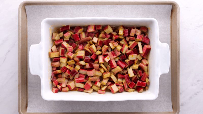 Rhubarb in a baking dish.