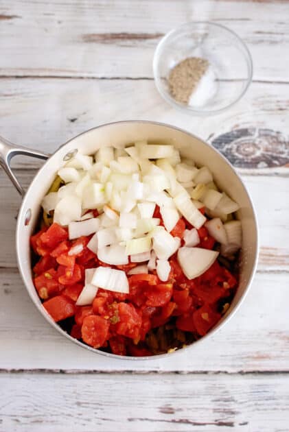Add tomatoes and onion to pot.