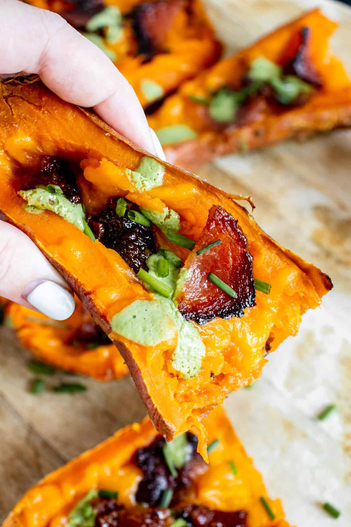 Sweet Potato Skins With Candied Bacon and a Spicy Basil Cream Sauce