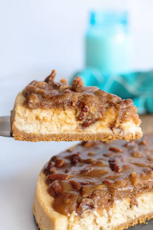 Slice of pecan cheesecake.