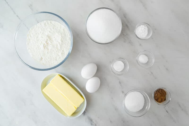 Recipe ingredients for snickerdoodle cookies.