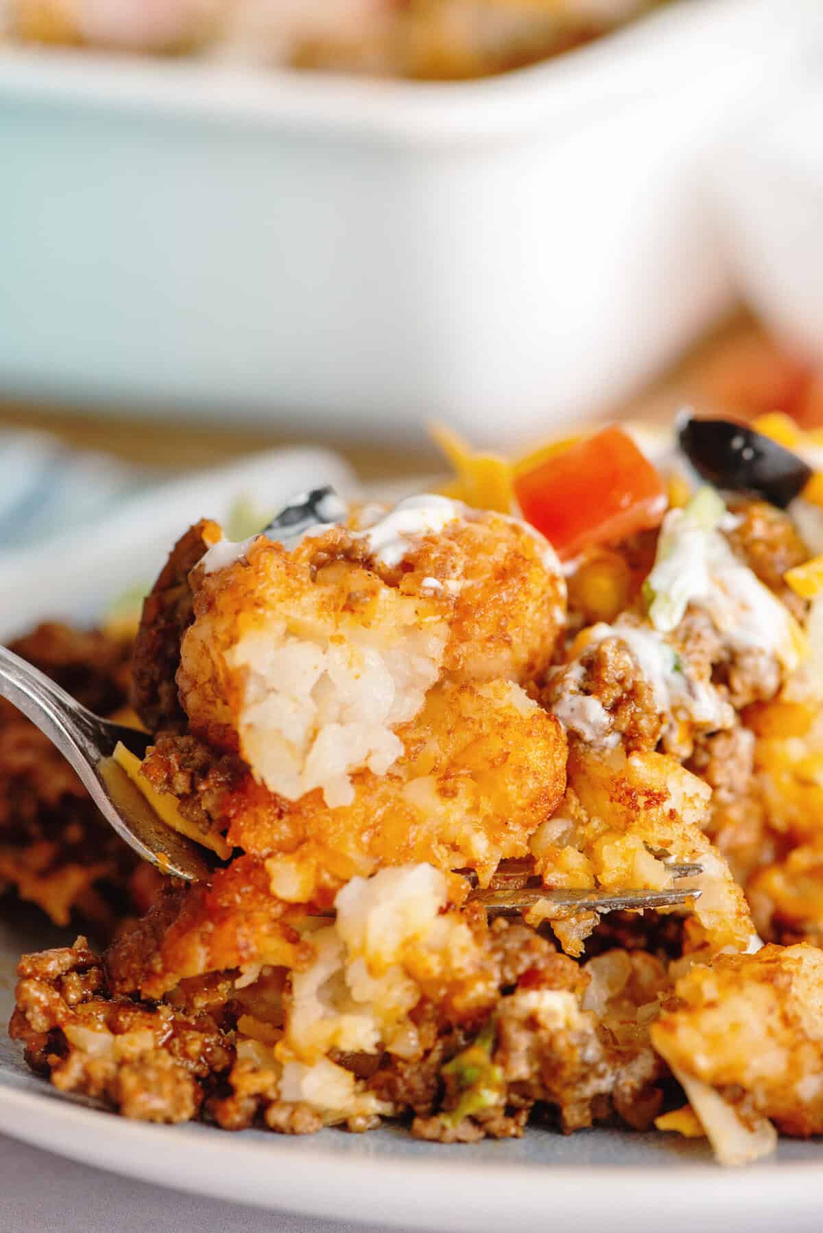 Close up of taco tater tot casserole