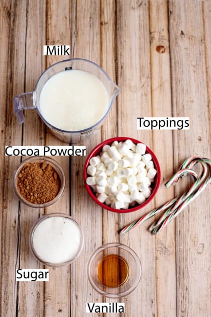 Labeled ingredients for stovetop hot chocolate.