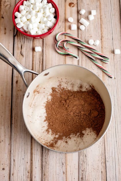 Add cocoa powder to saucepot.