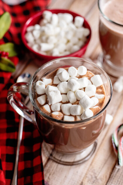 Add mini marshmallows to hot chocolate if desired.