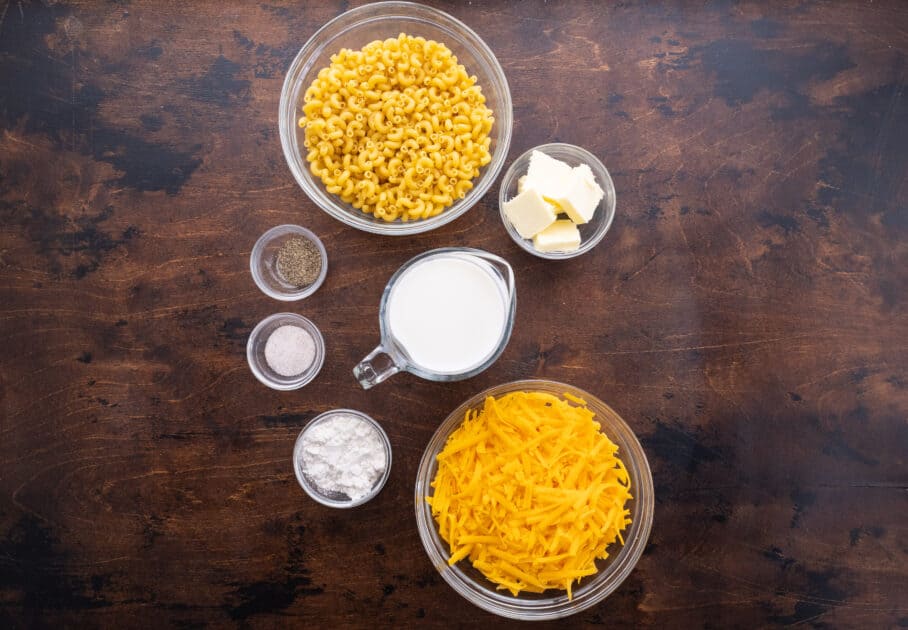 Ingredients for oven-baked mac and cheese.