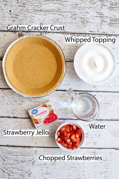 Labeled recipe ingredients for strawberry jello pie.