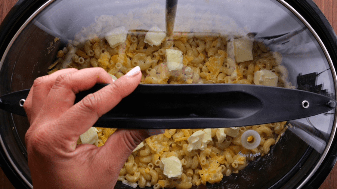 Cover the crockpot mac and cheese and cook on low.