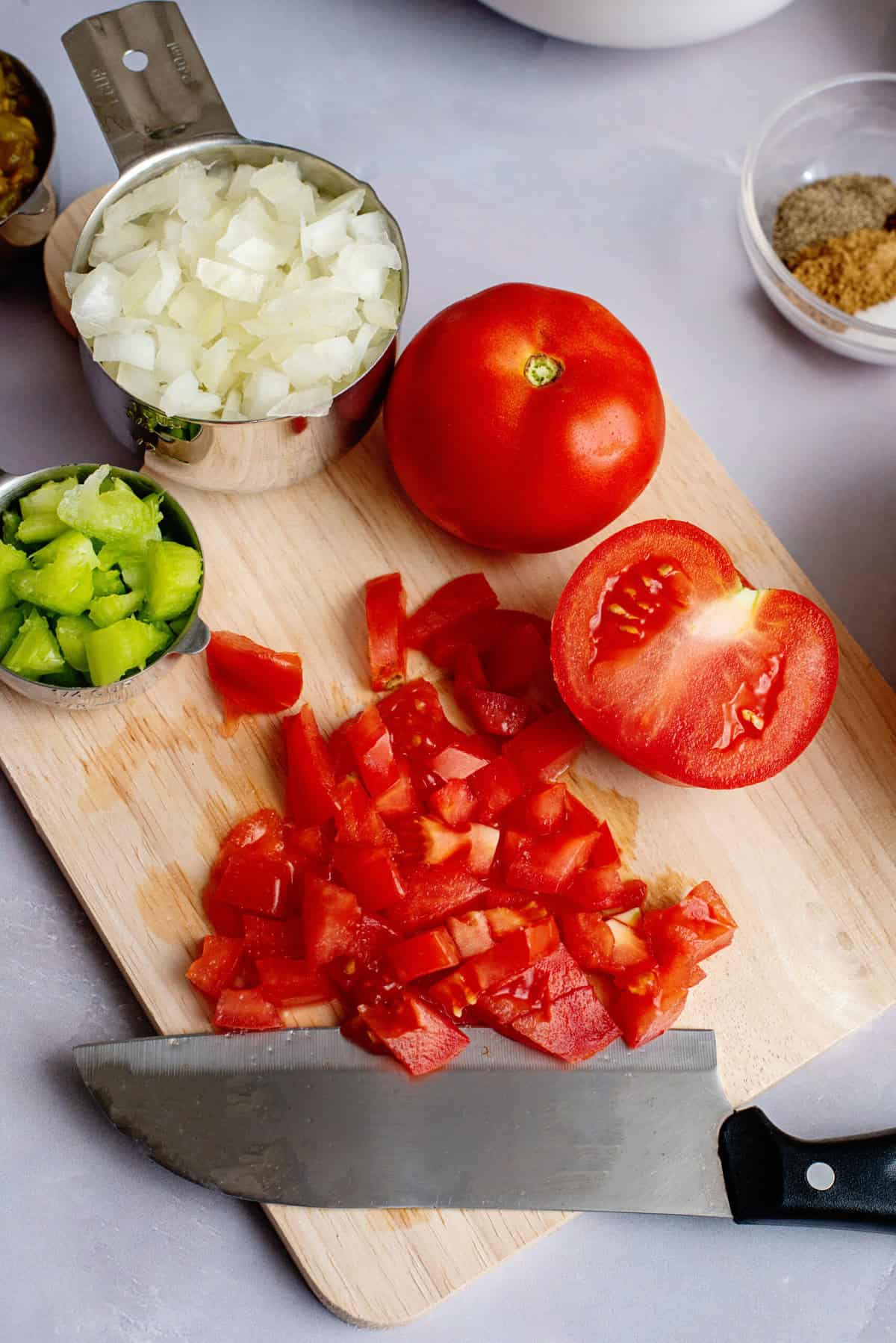 Dice celery, onions and tomatoes