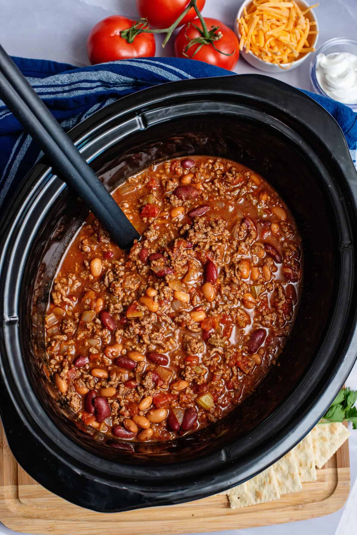 Crock Pot chili ready to serve.