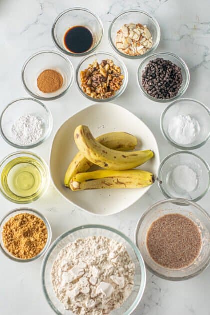 Recipe Ingredients for vegan banana nut muffins.