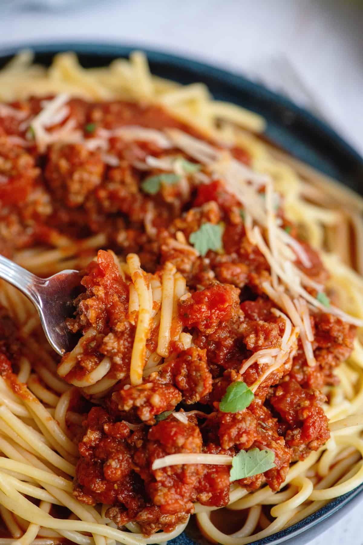 Super Easy Spaghetti Sauce on a fork