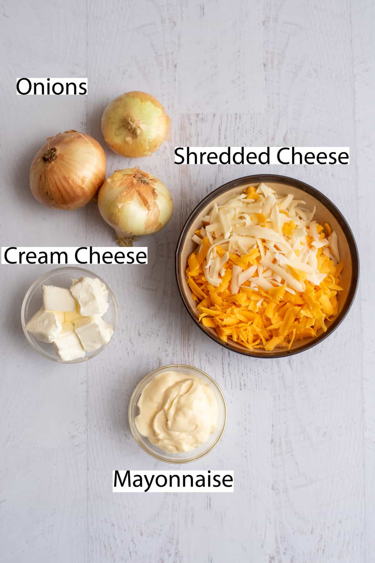 Labeled ingredient for cheesy baked onion dip.