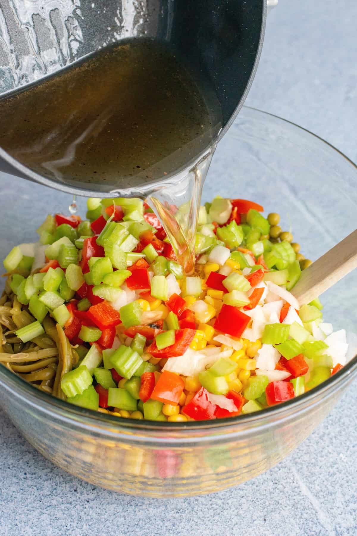 pour prepared dressing over veggies