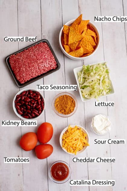 Labeled ingredients for fiesta taco salad.