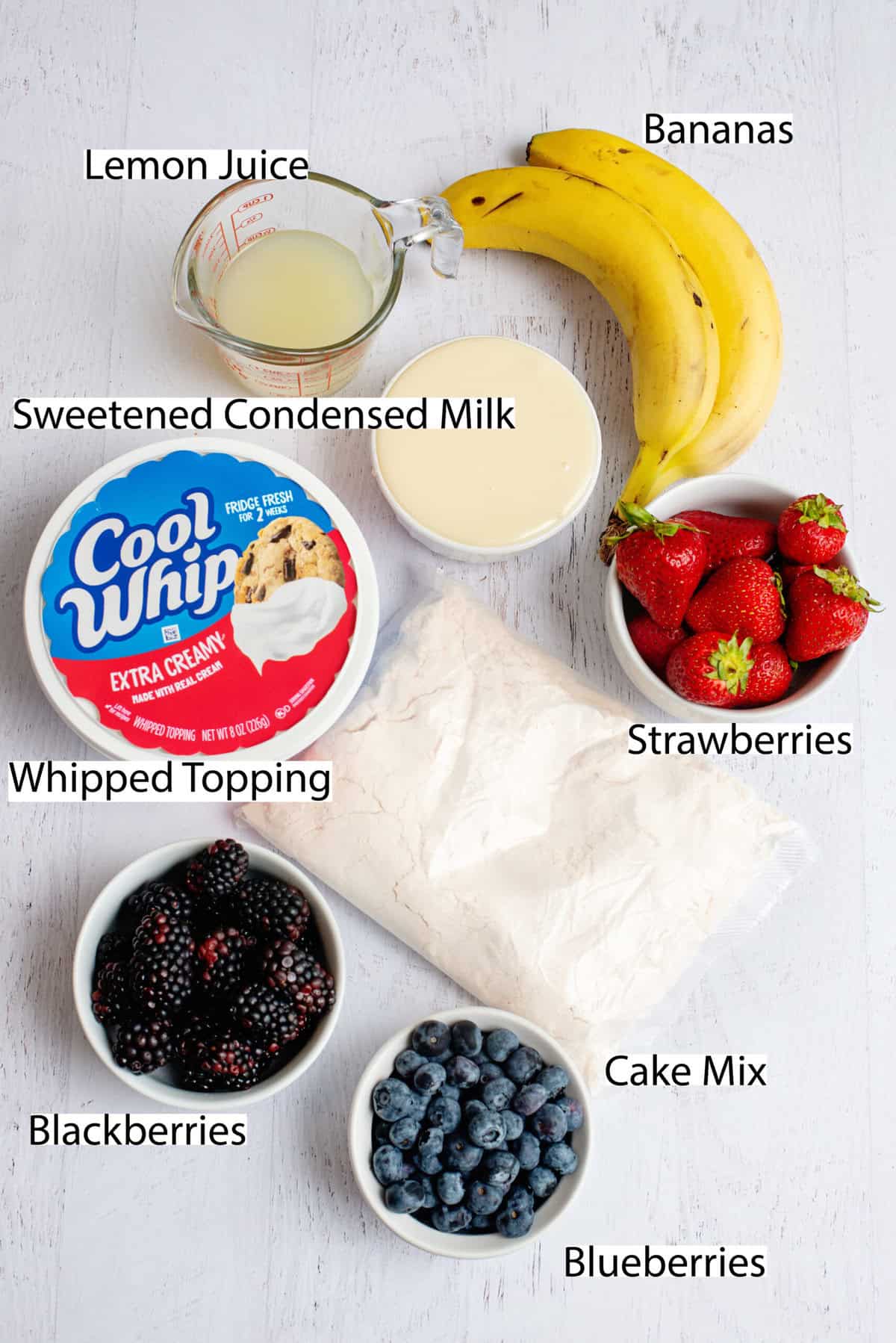 ingredients for creamy dreamy fruit trifle
