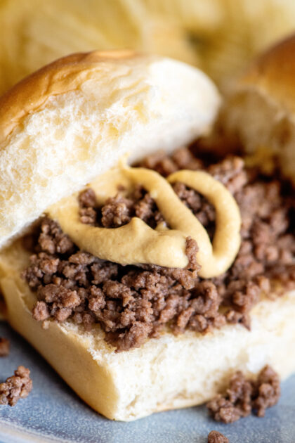 A close-up of a loose meat sandwich.