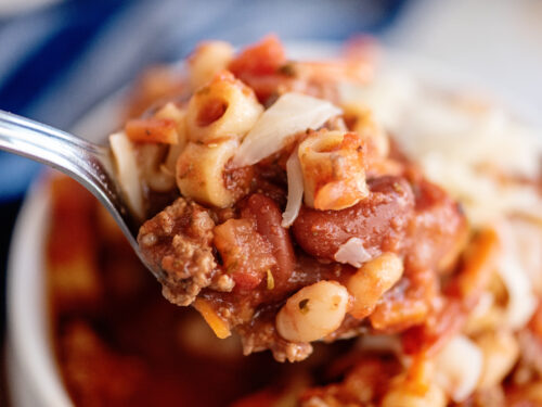 Spoonful of slow cooker Pasta Fagioli.