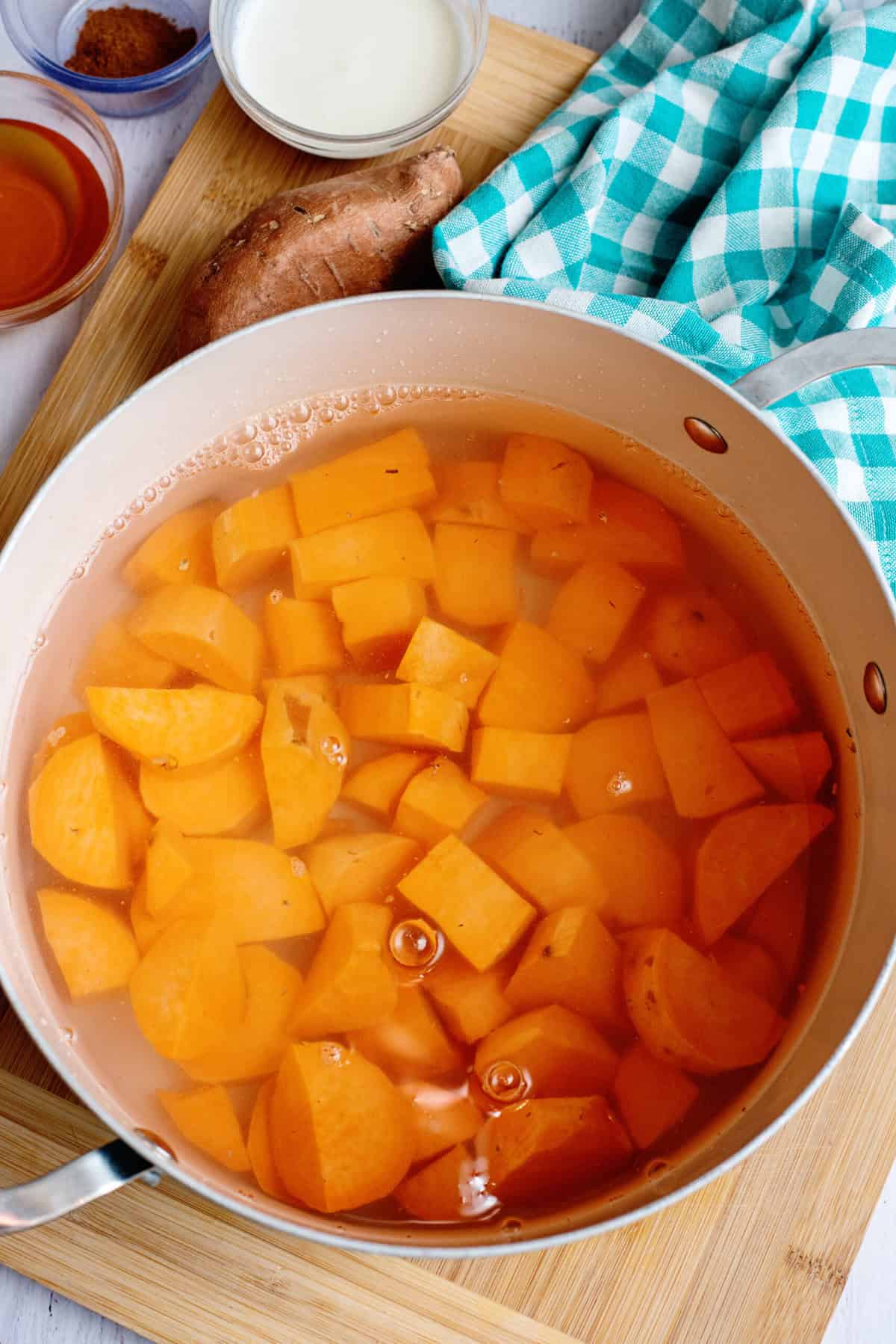 Boil diced sweet potatoes