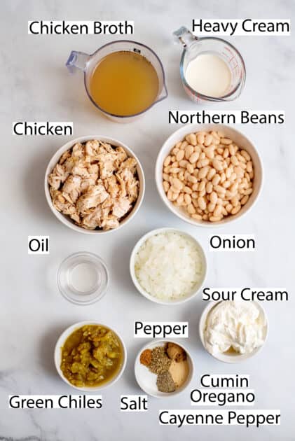 Labeled ingredients for white bean chicken chili.
