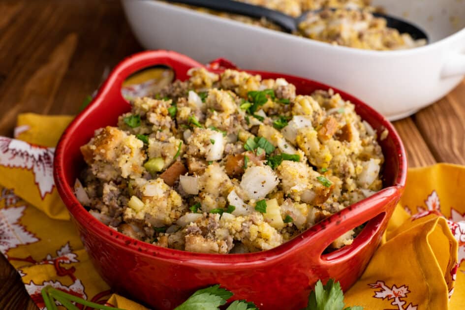 Bowl of cornbread sausage stuffing.