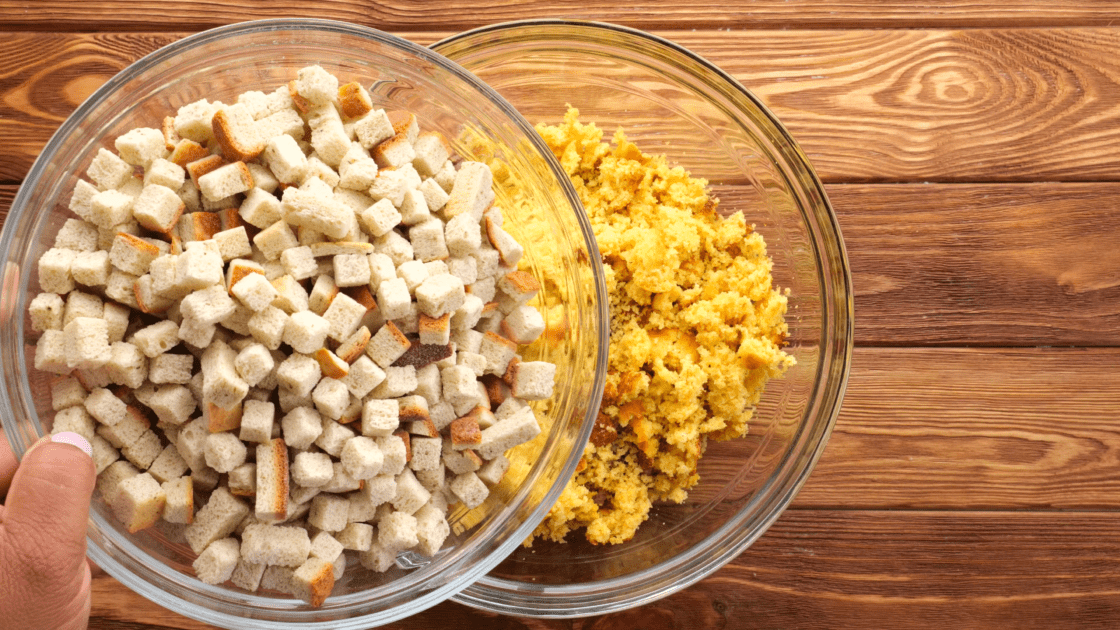 Add toasted bread cubes to mixing bowl.