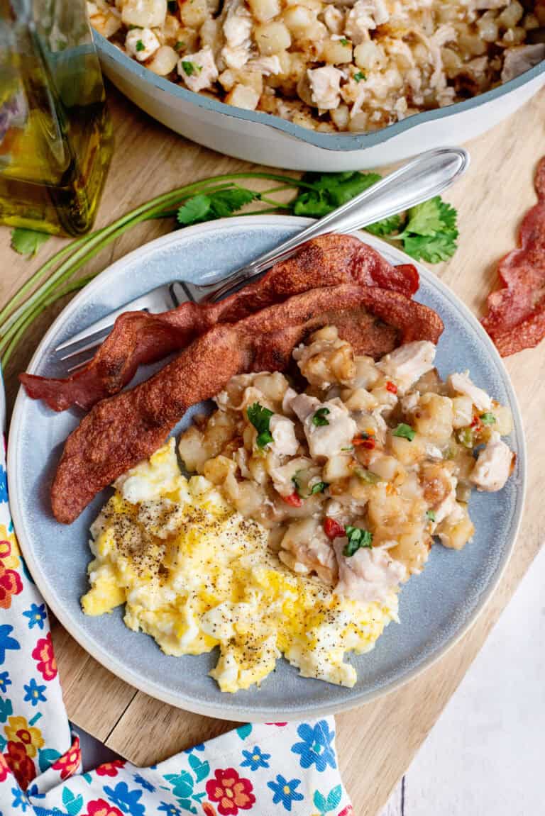 Turkey Hash plated with eggs and bacon