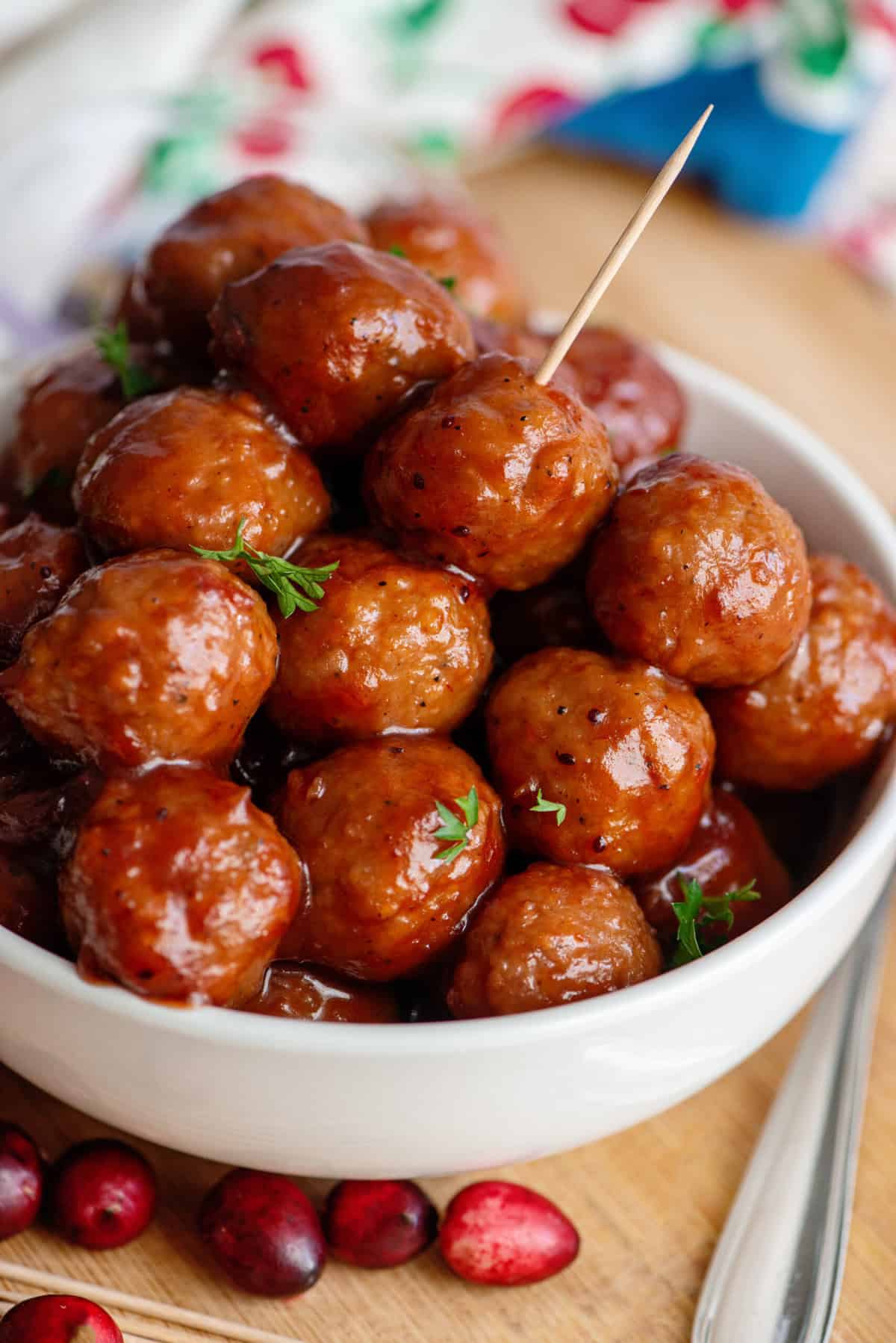 Close up of Cranberry Sauce Meatballs as appetizer