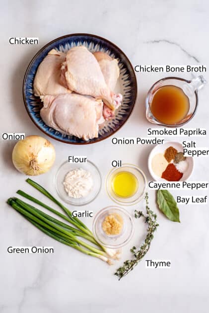 Labeled ingredients for Southern smothered chicken.