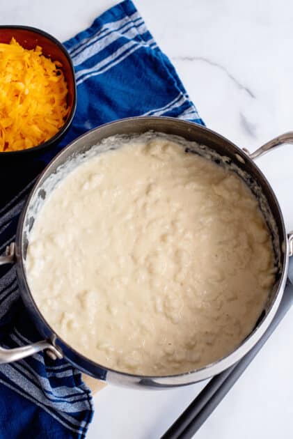 Creamy mashed potatoes in pot.