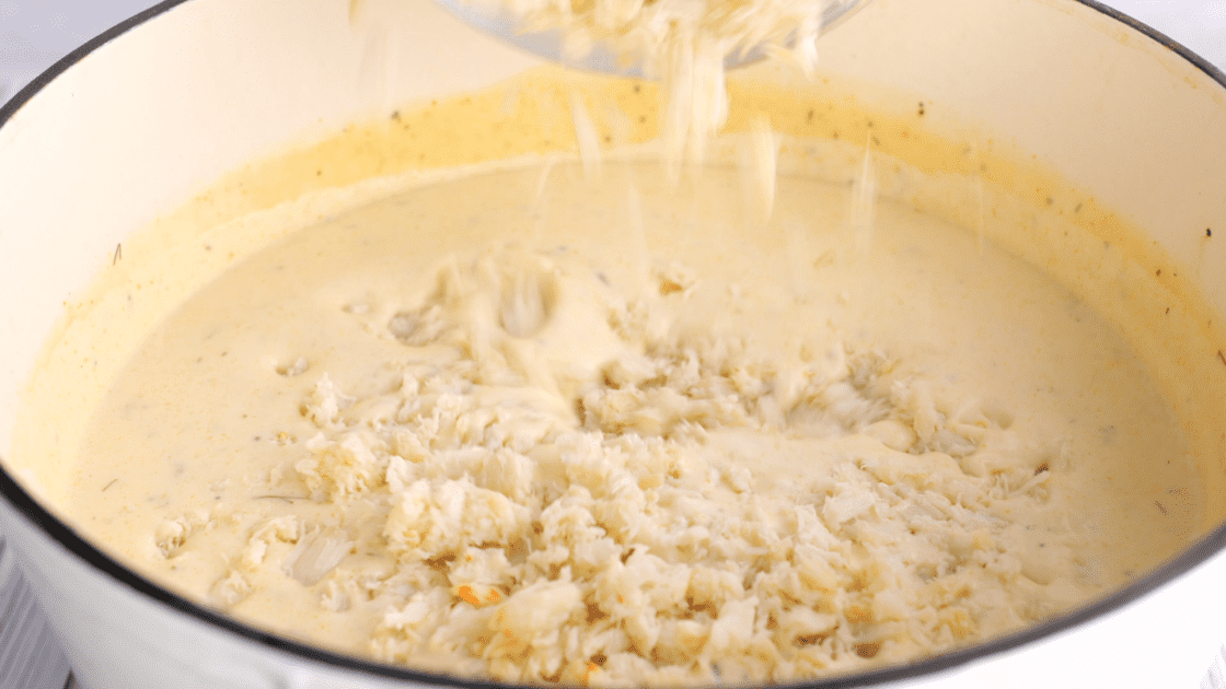 Add crabmeat to stockpot and simmer for another 10 minutes.
