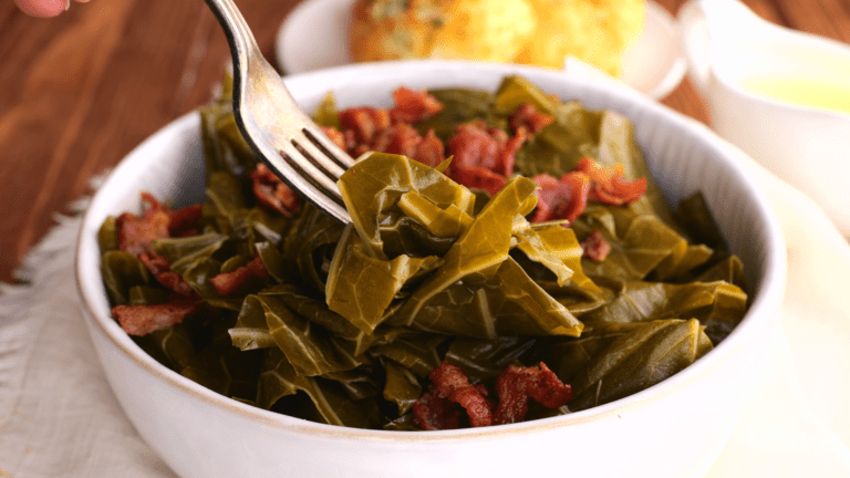 A forkful of collard greens.