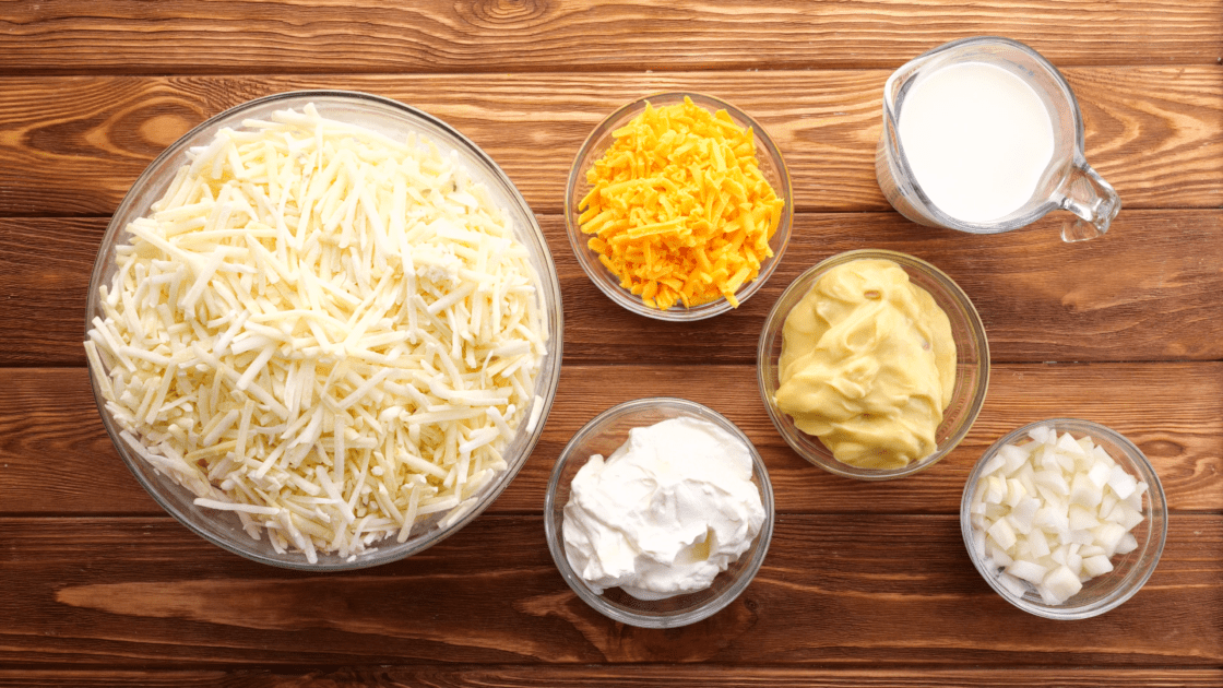 Ingredients for cheesy hashbrown casserole.