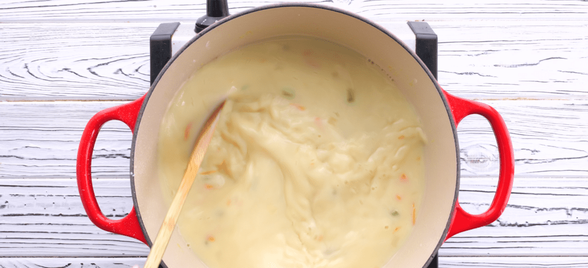 Olive Garden chicken gnocchi soup ready for chicken.