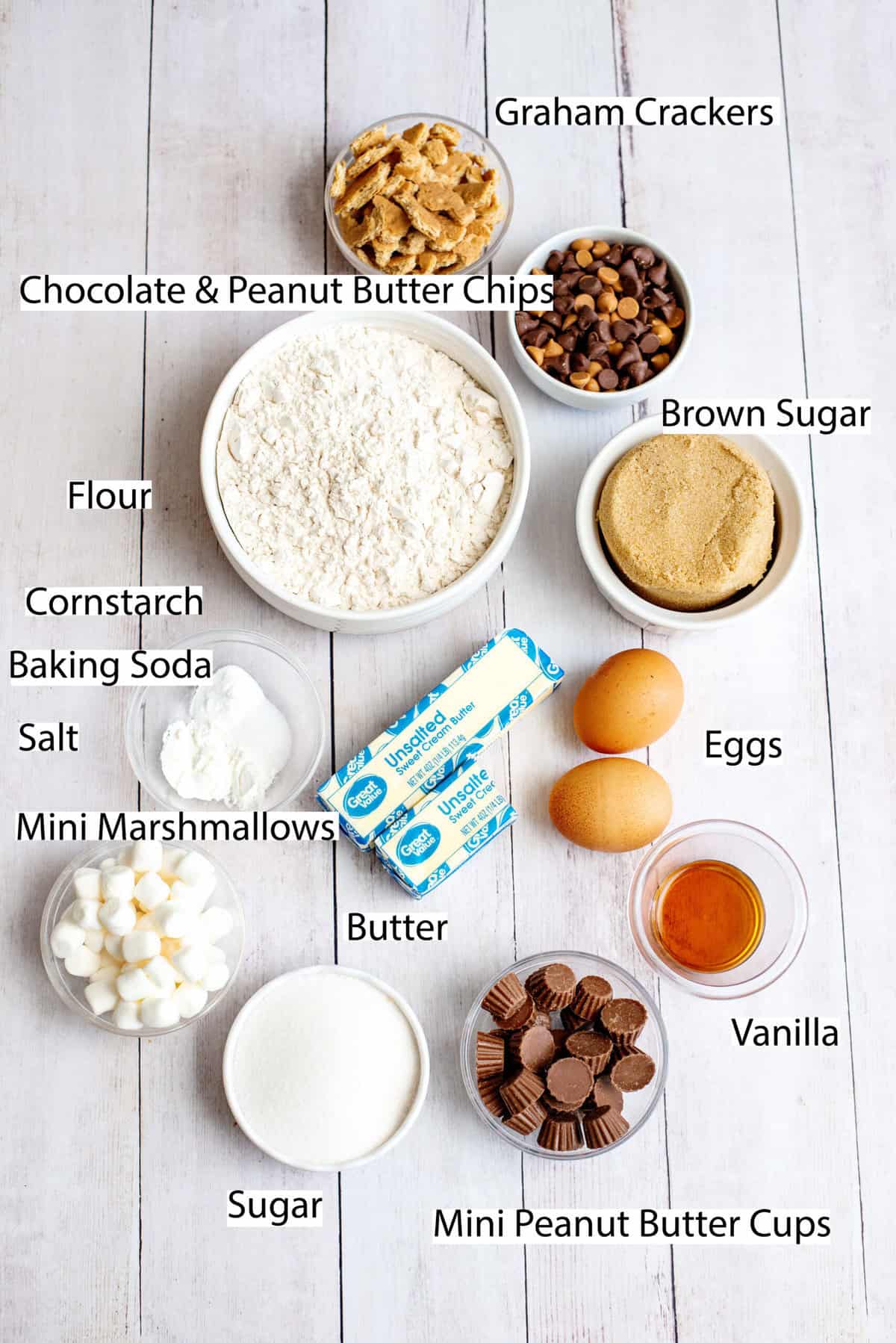 ingredients for peanut butter cup s'mores cookie bars