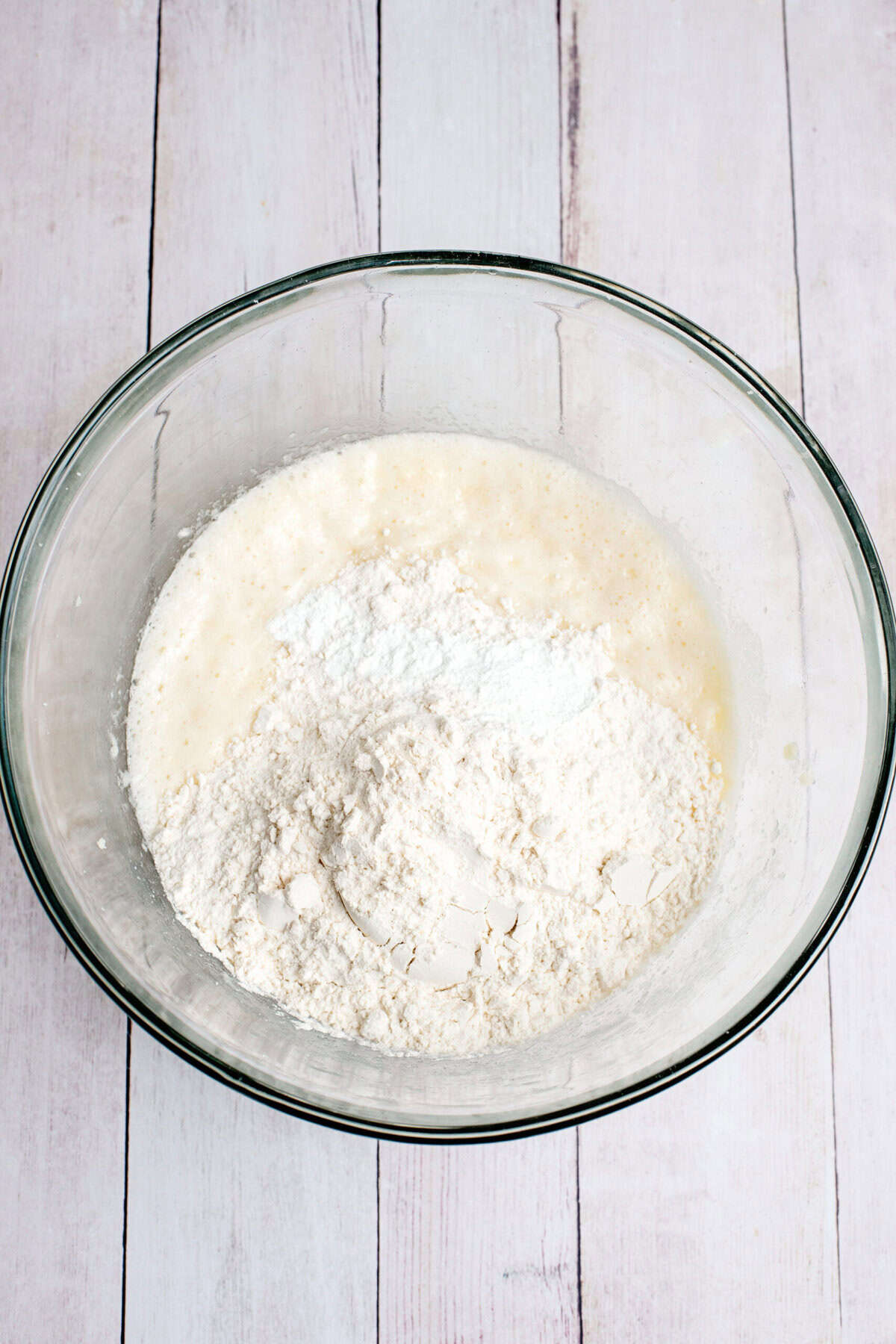 mix in flour and baking soda