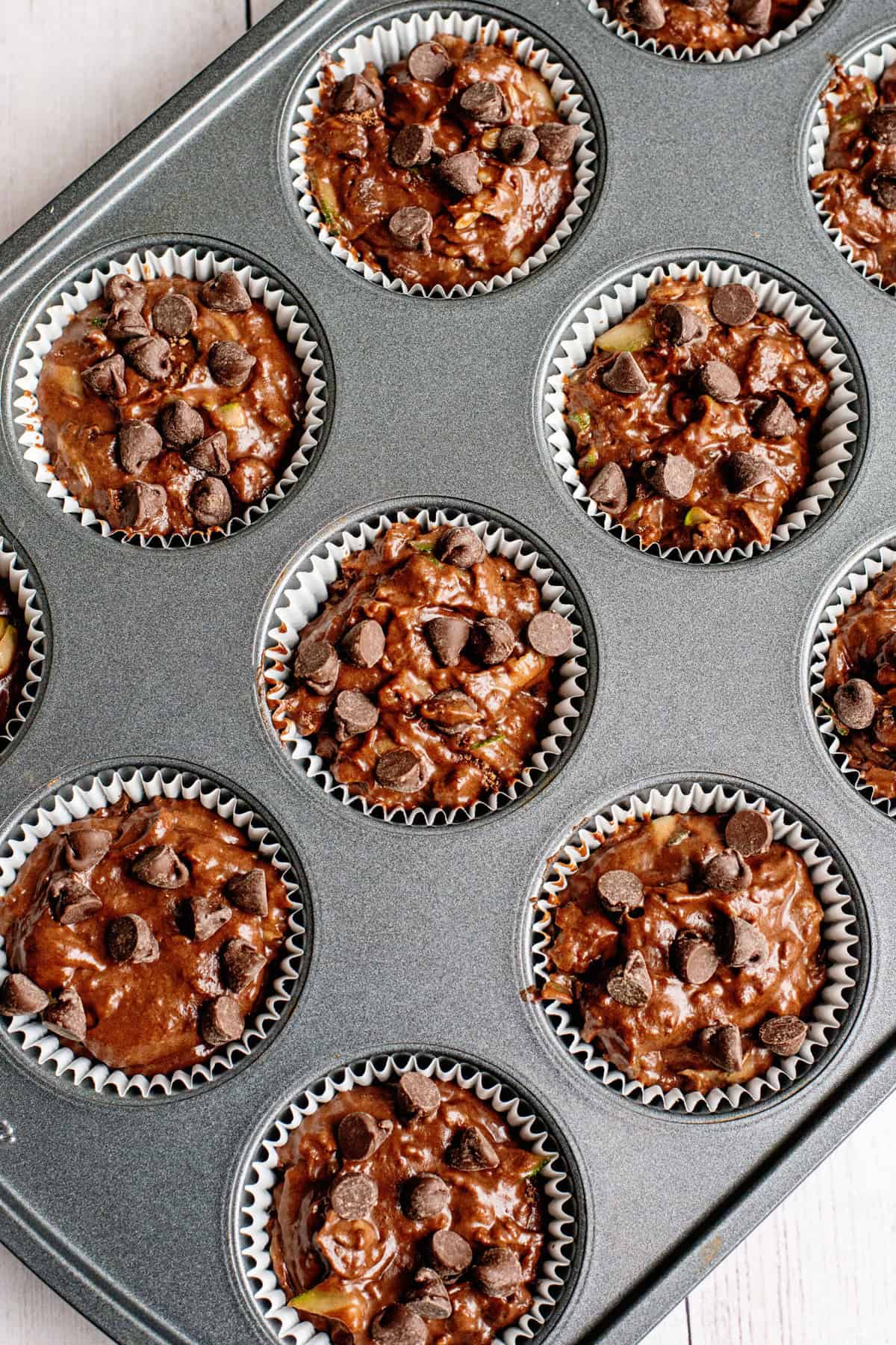 fill the muffin tins and top with chocolate chips